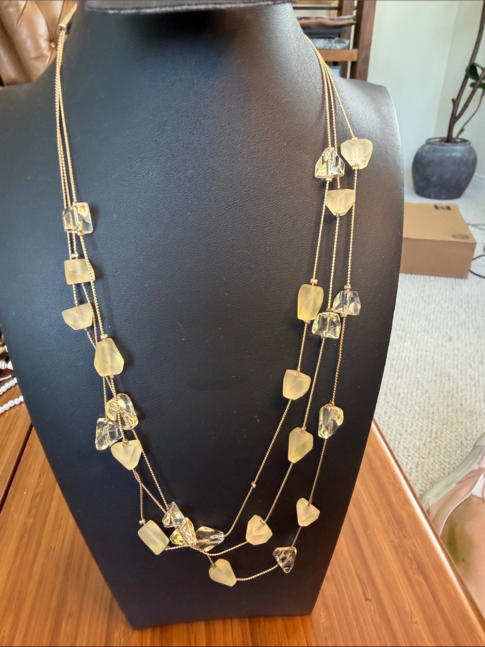 Coldwater Creek Gold Multi-Strand Necklace with Yellow and Clear Resin Beads